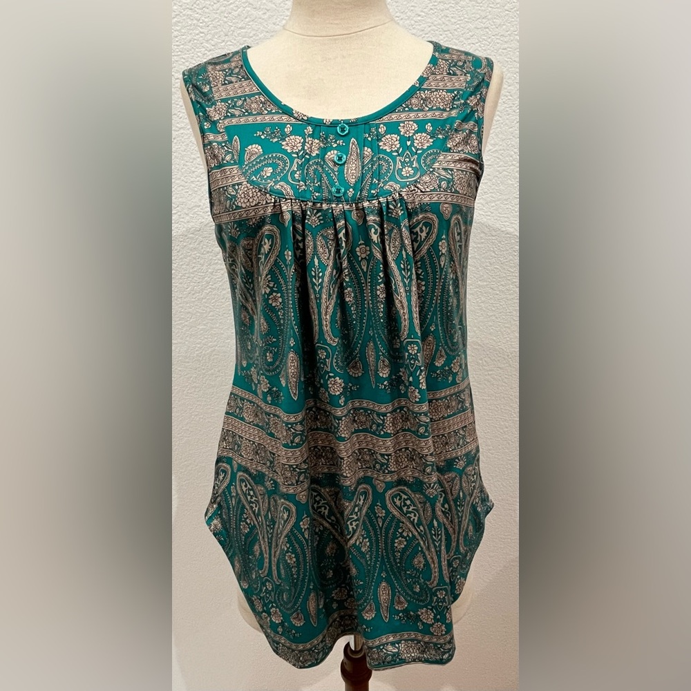 Halife Womens Teal Green/Tan Paisley Size Medium Tank Top.